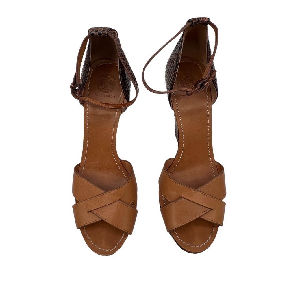 Tory Burch Brown Leather Python Platform Wedge Sa… - image 5